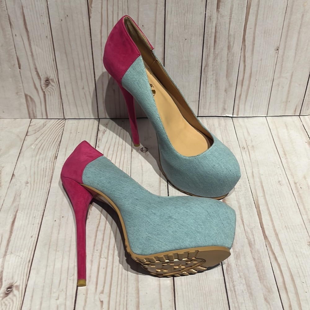 NWOB Stiletto Denim & Suede Heels